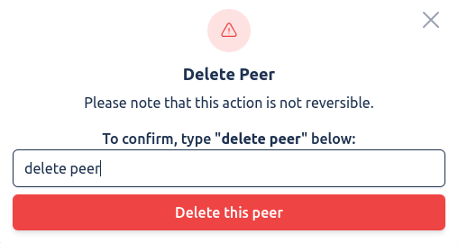 A screenshot of the Rafiki Admin app user interface displaying the "Delete Peer" modal window.