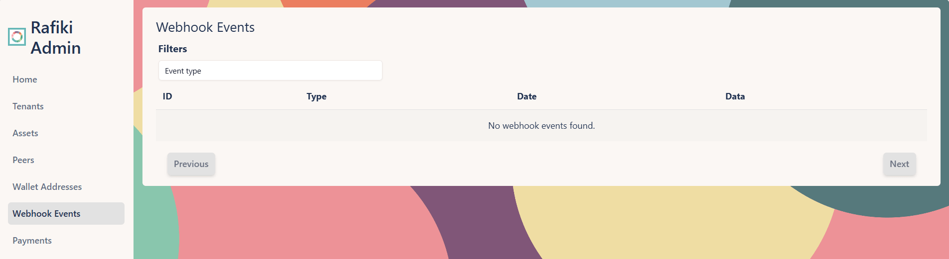A screenshot of the Rafiki Admin application user interface displaying the "Webhook Events" section. It shows a table containing one webhook event with details including ID, type of webhook, and the date of the event. A "View data" button is also present in the table row for a detailed JSON view of the event data.